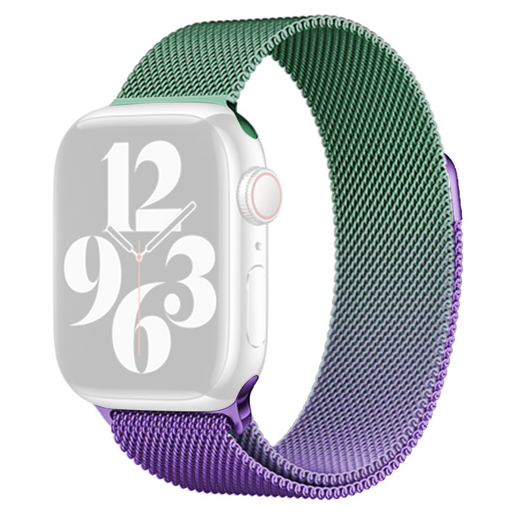 For Apple Watch Ultra / Ultra 2 49mm / 9 8 7 45mm / 6 5 4 SE (2022) SE (2023) SE 44mm / 3 2 1 42mm Milanese Mesh Watchband - Purple+Green For Apple Watch Ultra / Ultra 2 49mm / 9 8 7 45mm / 6 5 4 SE (2022) SE (2023) SE 44mm / 3 2 1 42mm Milanese Mesh Watchband - Purple+Green